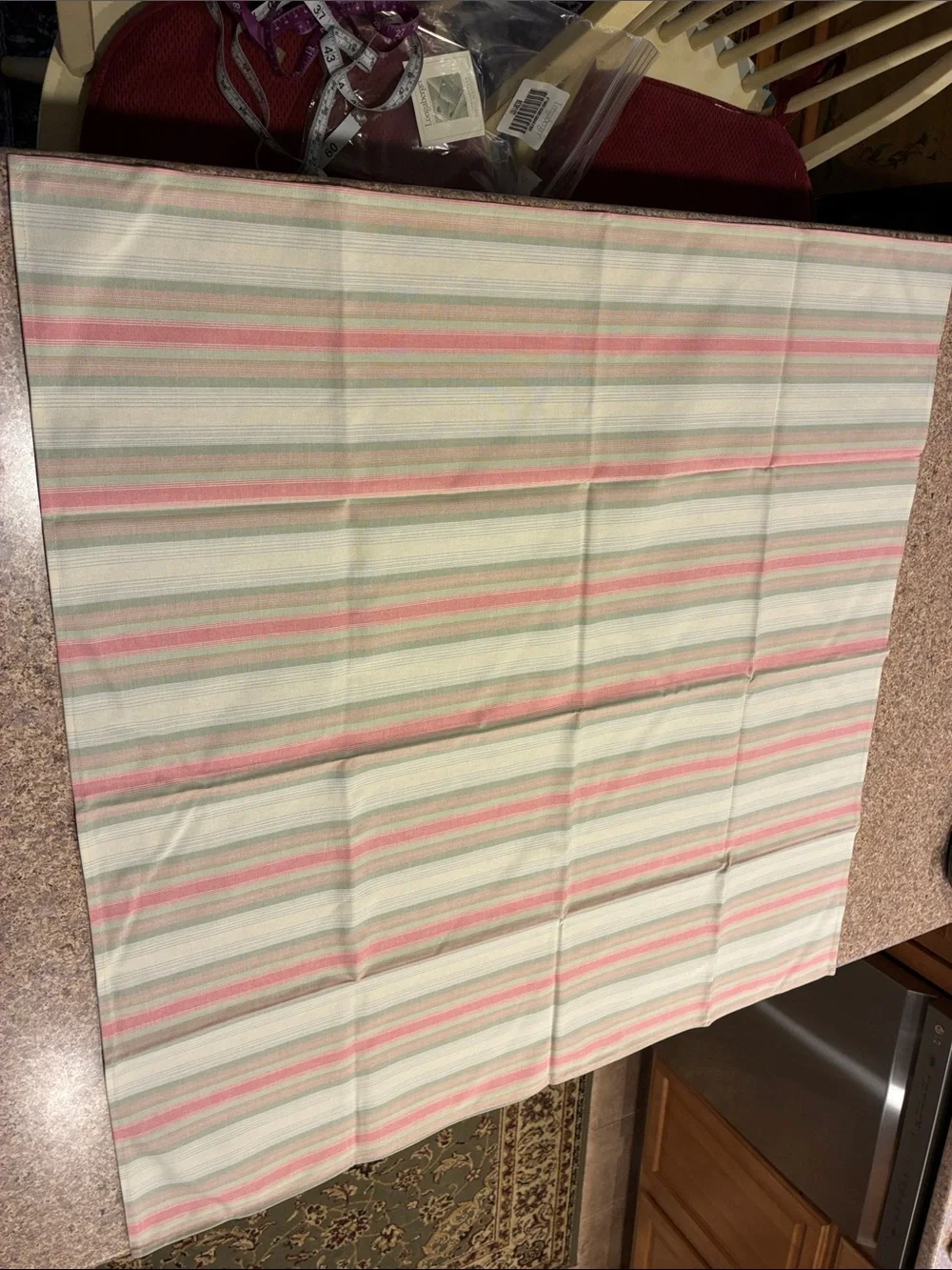 Longaberger 36” Cabana Stripe Fabric Square - Pink, Green & Cream SMELLS MUSTY